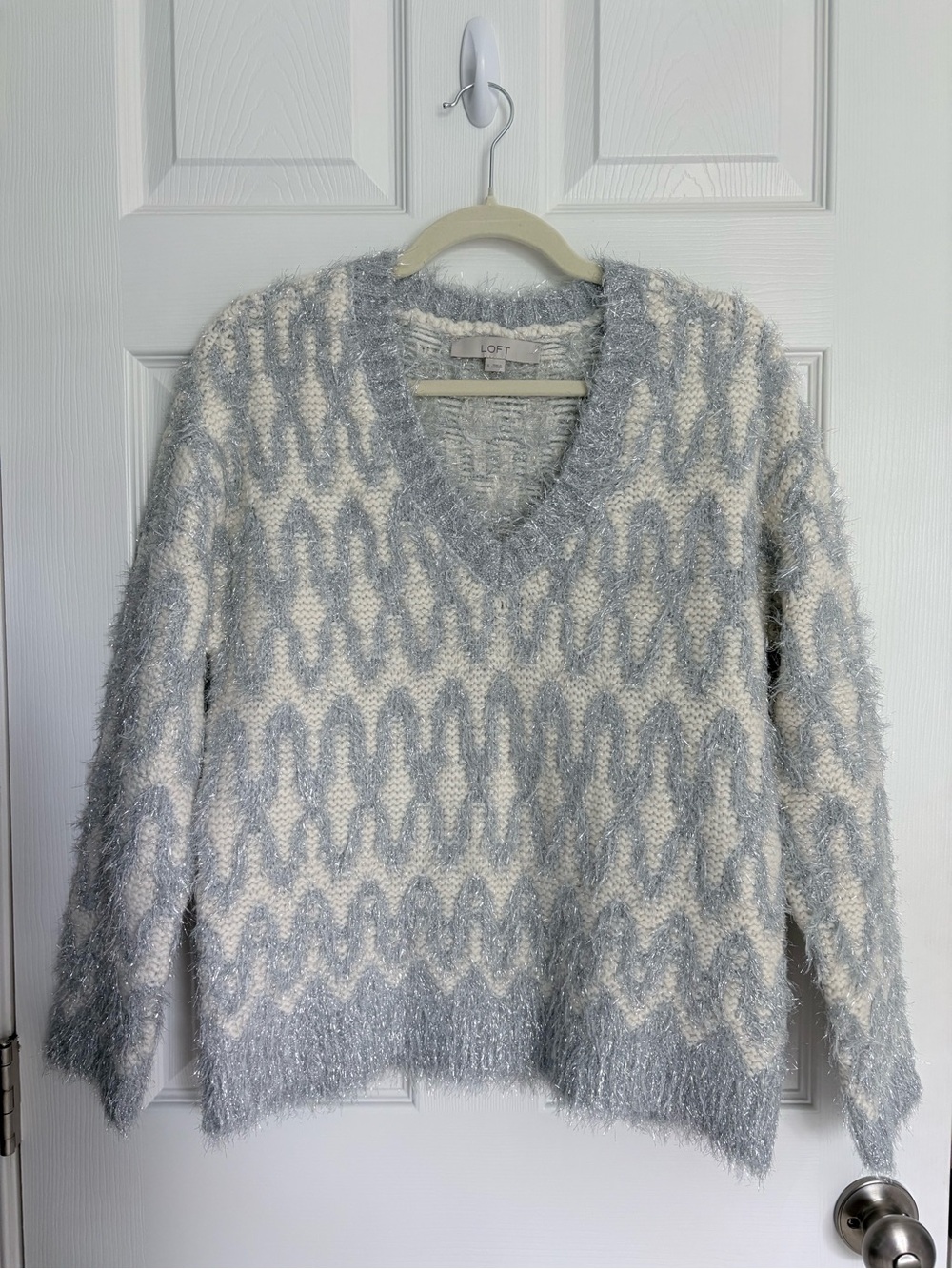 LOFT Women's Soft Textured V-Neck Sweater in Cream & Light Gray with sparkly